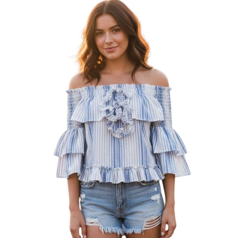 MISA Los Angeles Modal Off Shoulder Striped Ruffle Top S